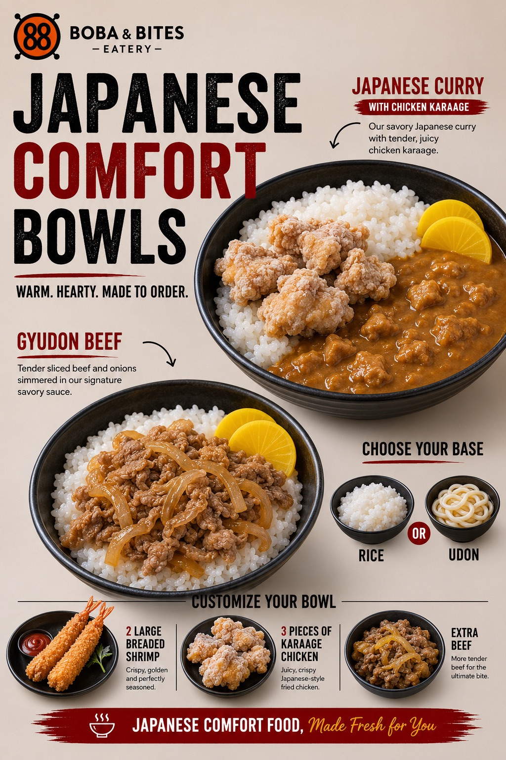 Boba & Bites' Japanese Comfort Bowls menu poster, featuring Japanese curry with chicken karaage and gyudon beef bowls